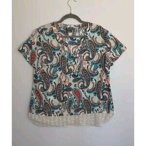 Van Heusen Paisley Multi-Color Blouse White Knit Bottom Hem Women's Size Large
